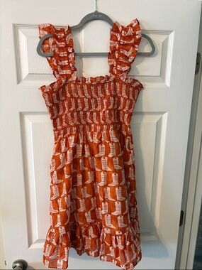 J.Marie Cowgirl Boot Orange Smocked Ruffle Strap Casual Dress